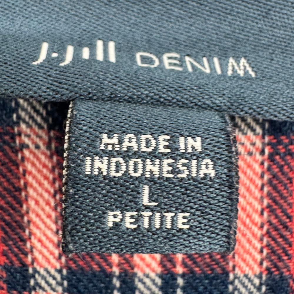 J Jill Denim Women's Red Navy Plaid Button Down Shirt Size Petite Large Cotton - Picture 4 of 12